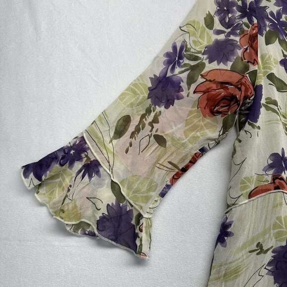 Nine West Silk Y2K Floral V-Neck Flowy Blouse Top Size 10 Green Cream Fairycore - Picture 4 of 13
